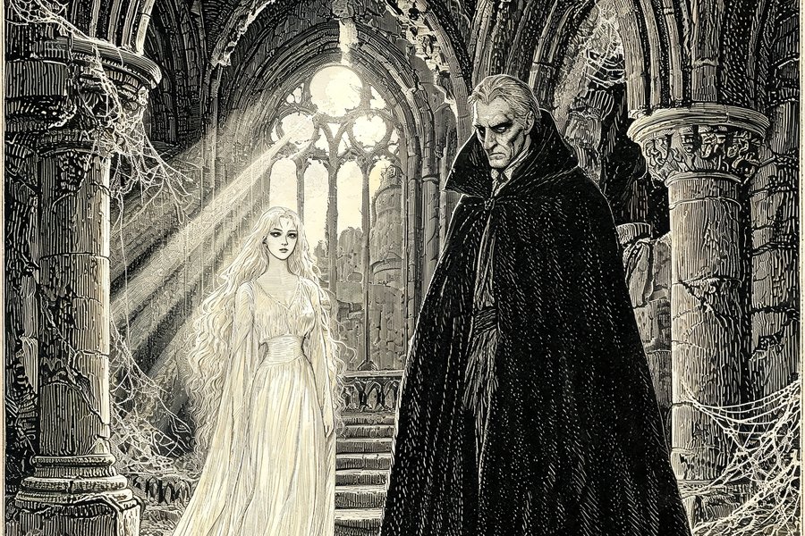 Una vampira pallida e un conte in mantello nella sala di un castello in rovina