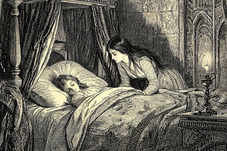 Una vampira china su una ragazza addormentata in una camera del castello