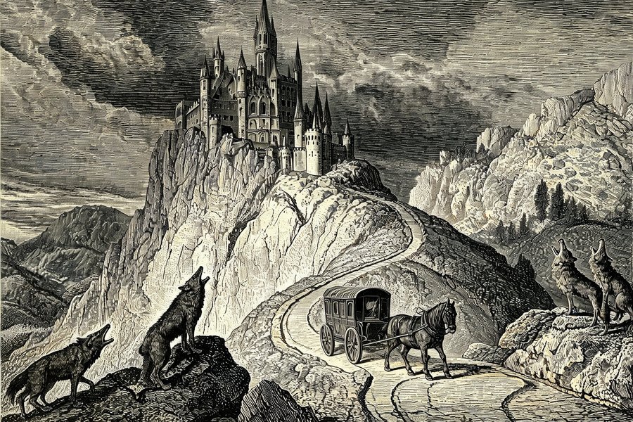 Il castello di Dracula sui Carpazi con la carrozza e i lupi