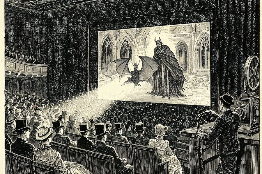 Pubblico di fine Ottocento assiste alla proiezione di un film con un pipistrello e un diavolo