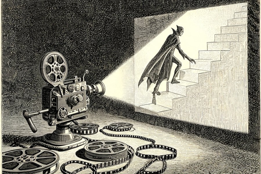 Un antico proiettore cinematografico proietta l'ombra di un vampiro che sale le scale